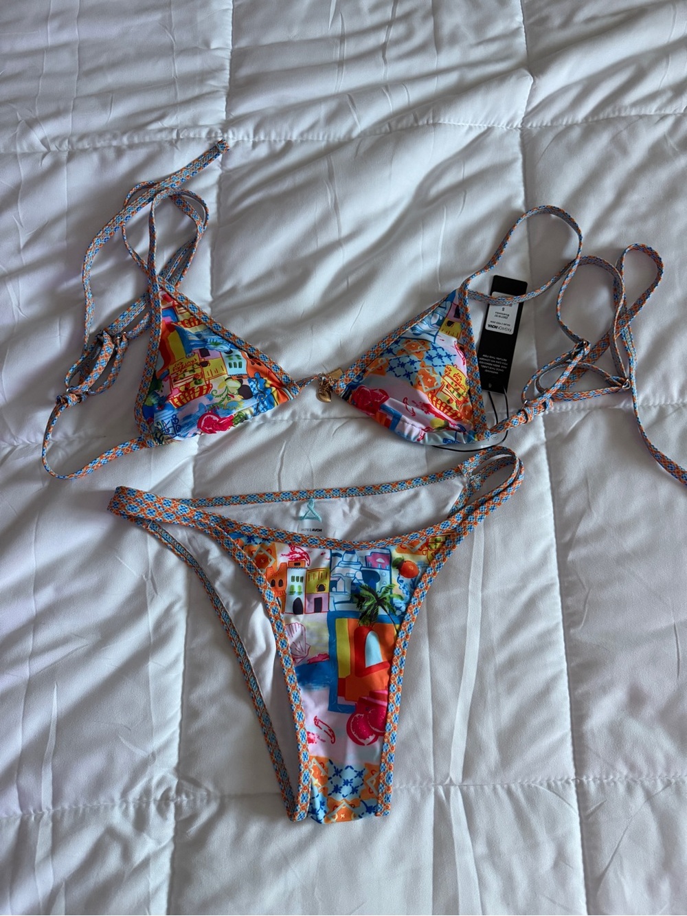 Fashion Nova Multicolor Printed Triangle String Bikini with Orange Trim